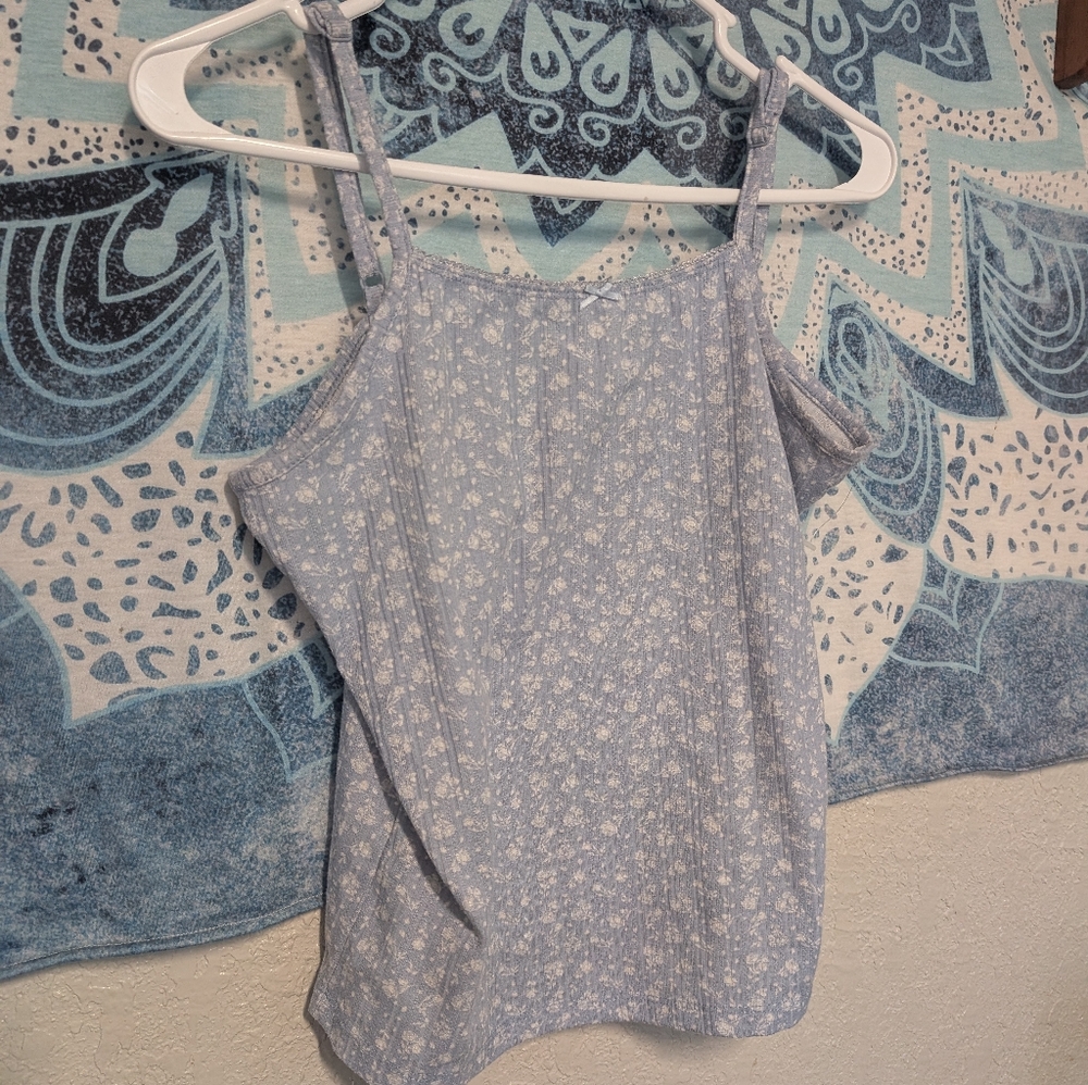 Light Blue Floral Spaghetti Strap Tank Top Cami M Retro 90s Ribbed Bow Coquette